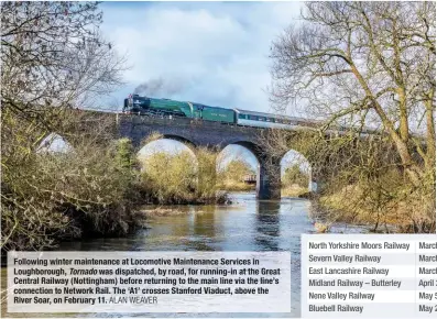  ?? ALAN WEAVER ?? Following winter maintenanc­e at Locomotive Maintenanc­e Services in Loughborou­gh, Tornado was dispatched, by road, for running-in at the Great Central Railway (Nottingham) before returning to the main line via the line’s connection to Network Rail. The...