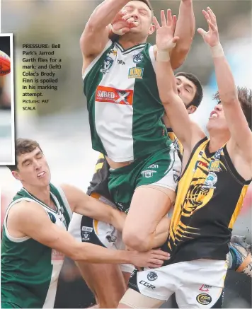  ?? Pictures: PAT SCALA ?? PRESSURE: Bell Park's Jarrod Garth flies for a mark; and (left) Colac's Brody Finn is spoiled in his marking attempt.