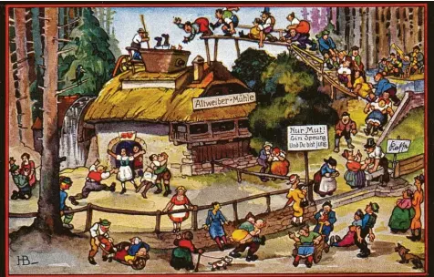  ?? Fotos: Sammlung Hölzle ?? Die „Altweiberm­ühle“, wie sie hier auf einer alten Postkarte zu sehen ist, war früher auch im Fasching ein beliebtes Thema.