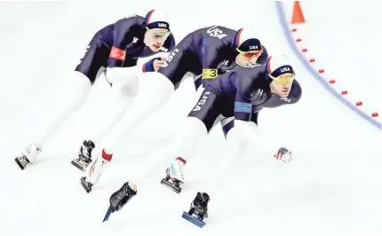  ?? VALDRIN XHEMAJ/EUROPEAN PRESS AGENCY ?? Joey Mantia, Emery Lehman and Brian Hansen of the U.S. skate in the men’s team pursuit at the Gangneung Oval. Together, they finished with the slowest time among the eight teams.