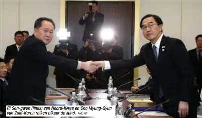  ?? Foto AP ?? Ri Son-gwon (links) van Noord-Korea en Cho Myung-Gyun van Zuid-Korea reiken elkaar de hand.