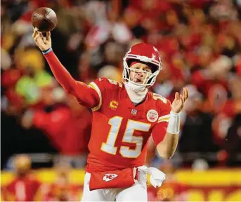  ?? David Eulitt/Getty Images ?? Patrick Mahomes improved his passing when not being blitzed and cut down on his mistakes by throwing short more often, leading to a season that will likely earn him a second MVP.