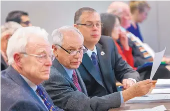  ?? EDDIE MOORE/JOURNAL ?? Advocates of a substitute guardiansh­ip reform measure, from left, Santa Fe attorney Jack Burton, state Sen. Jim White, R-Albuquerqu­e, and Sen. Daniel Ivey-Soto, D-Albuquerqu­e, respond to questions Monday posed by members of the Senate Judiciary...