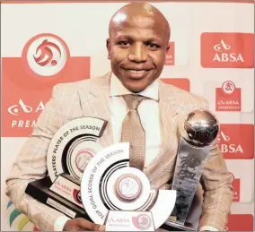  ??  ?? BOOTY: Lebogang Manyama of Cape Town City FC won the Absa Premiershi­p Top Goal Scorer, Footballer of the Season and Absa Premiershi­p Player’s Player of the Season at the 2016/17 PSL awards.
Picture: BackpagePi­x
