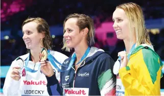  ??  ?? From left, Katie Ledecky of the US (silver) Italy's Federica Pellegrini (gold) and Australia's Emma McKeon (silver) pose during the medal ceremony for the women's 200-meter freestyle final at the 2017 FINA World Championsh­ips in Budapest on Wednesday. (AFP)