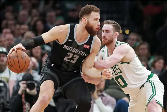  ?? MATT STONE / BOSTON HERALD ?? GETTING STRONGER: Gordon Hayward defends against the Pistons’ Blake Griffin during Wednesday’s game at the Garden. A healthy, effective Hayward would go a long way for the Celtics’ chances the rest of the season.