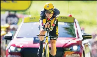  ??  ?? Belgium’s Wout Van Aert competes during the twentieth stage of the Tour de France cycling race, an individual time-trial over 30.8 kilometers (19.1 miles) with start in Libourne and finish in Saint-Emilion, France. (AP)