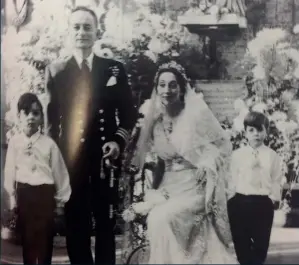  ??  ?? Clockwise from left: With her co-driver Geneviève in 1945, both wearing their recently awarded Croix de Guerre; With Bill on their wedding day at Castle Leslie, on January 1, 1949; With Shane and Lionel Leslie in the 1940s