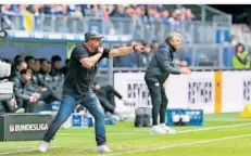  ?? FOTO: IMAGO IMAGES ?? Trainer bei der Arbeit: HSV-Coach Steffen Baumgart (vorne) pfeift im kurzen Hemd, SVE-Trainer Horst Steffen ist dicker eingepackt.