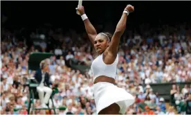  ??  ?? Serena Williams celebrates her victory over Alison Riske on Centre Court. Photograph: Tom Jenkins/The Guardian