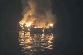  ?? SANTA BARBARA COUNTY FIRE DEPARTMENT VIA AP ?? The dive boat Conception burns off the Southern California coast on Sept. 2, 2019. The dead passengers included Lisa Fiedler, 52, of Mill Valley.