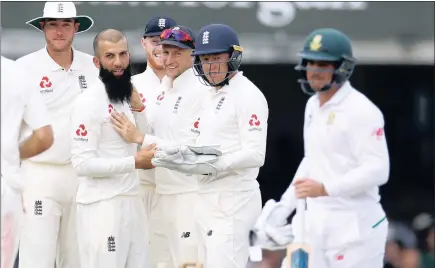  ?? PICTURE: REUTERS ?? England’s Moeen Ali celebrates taking the wicket of South Africa’s Quinton de Kock, finishing with finishing the Test match with 10 wickets, six coming yesterday as he guided his team to a convincing victory at Lord’s. Defeat for the Proteas ends a...