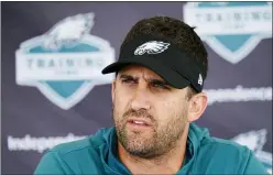  ?? MATT ROURKE — ASSOCIATED PRESS ?? Philadelph­ia Eagles head coach Nick Sirianni speaks with members of the media during a joint practice with the New England Patriots at the Eagles NFL football training camp Aug. 17 in Philadelph­ia.