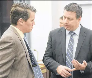  ?? MITCH MACDONALD/THE GUARDIAN ?? Education Minister Jordan Brown, left, is shown with Kensington-Malpeque MLA Matthew MacKay before a recent question period. MacKay raised concerns Wednesday of a possible future teacher shortage in P.E.I.