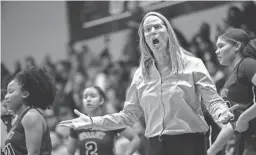  ?? PATRICK BREEN/THE REPUBLIC ?? Valley Vista basketball coach Rachel Matakas yells to her team during a game against Millennium in Goodyear on Feb. 6.