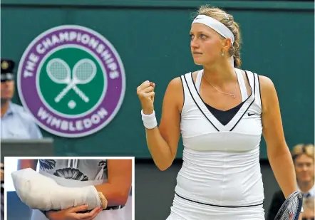  ??  ?? Petra Kvitova, celebratin­g above during the 2011 Wimbledon final, is British bookmakers’ favorite to win the tournament this year, despite a weaker left hand stabbed by a home intruder, left, in a December incident in Prostejov, Czech Republic.