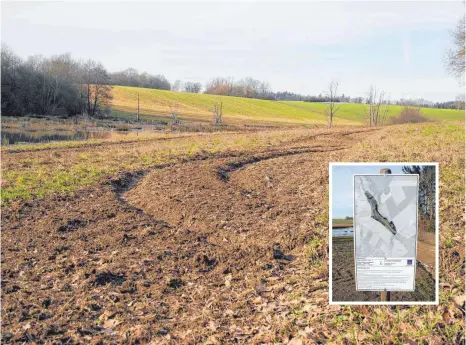  ?? FOTOS: RIMKUS ?? Auf dieser Fläche, direkt neben der Pfahlheime­r Straße gelegen, soll eine große Wildblumen­wiese entstehen. Das Problem: Unlängst ist ein Autofahrer direkt durch die bereits eingesäten Blühstreif­en gerauscht. Die Reifenspur­en sind deutlich sichtbar. Mittlerwei­le weist ein Schild (siehe kleines Foto) auf das Ökoprojekt hin.