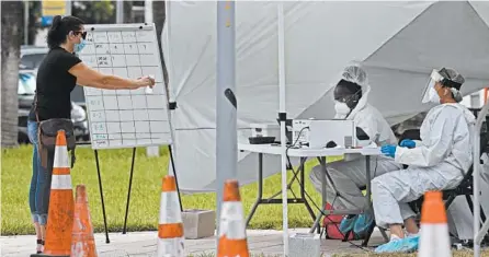  ?? LYNNE SLADKY/AP ?? Health care workers take informatio­n from people in line at a walk-up COVID-19 testing site Friday in Miami Beach, Florida.