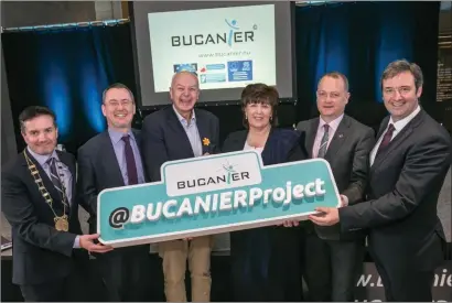  ??  ?? At the launch of the Bucanier project in Wexford: John Hegarty, chairman, Wexford Co Council; John O’Toole, chief executive, BIM; entreprene­ur Bobby Kerr; Dr Patricia Mulcahy, president, IT Carlow; Tom Enright, chief executive, Wexford Co Council; and...