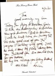  ??  ?? LIEBESBRIE­F Diese herzlichen Zeilen schrieb Erwin Bach seiner Ehefrau im Juni 2018. Der Brief ist Teil des neuen Luxusbuchs über Tina Turner, ebenso eine Kopie des goldenen Rings, den die Sängerin gestaltete und seit Jahren am rechten Daumen trägt