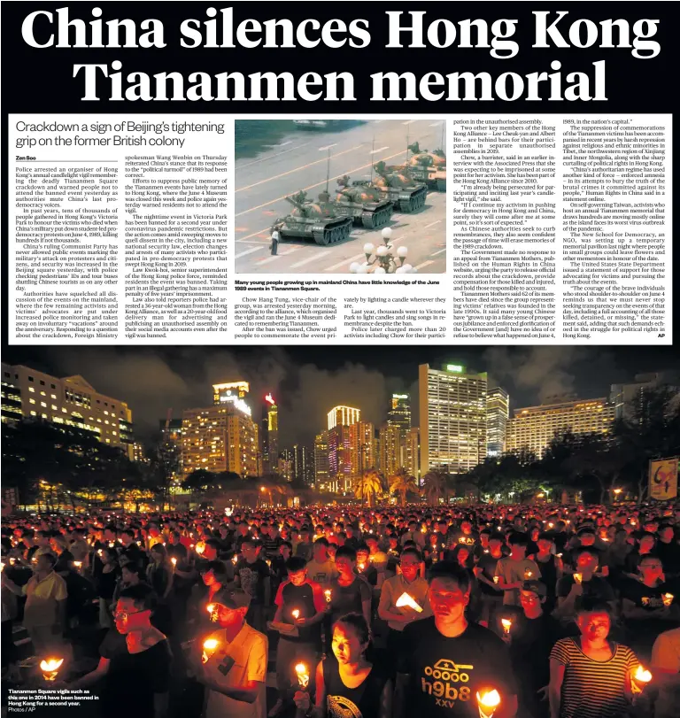  ?? Photos / AP ?? Tiananmen Square vigils such as this one in 2014 have been banned in Hong Kong for a second year.
Many young people growing up in mainland China have little knowledge of the June 1989 events in Tiananmen Square.