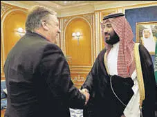  ?? AFP ?? US secretary of state Mike Pompeo (L) shakes hands with Saudi Crown Prince Mohammed bin Salman in Riyadh.