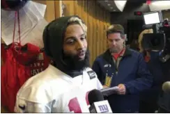  ?? TOM CANAVAN - THE ASSOCIATED PRESS ?? New York Giants wide receiver Odell Beckham Jr., speaks with reporters inside the NFL football team’s locker room, Friday, Oct. 19, 2018, in East Rutherford, N.J. The Giants face the Atlanta Falcons on Monday night in Atlanta.