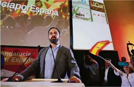  ?? (MARCELO DEL POZO/REUTERS) ?? Santiago Abascal, le leader de Vox, après l’annonce du succès de son parti aux élections régionales andalouses.