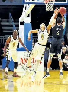  ?? SUPPLIED PHOTO ?? Niagara's Marvell Waithe, No, 6, shoots over London's Joel Friesen in National Basketball League of Canada action Saturday night in London, Ont.