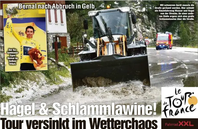  ??  ?? Der Kolumbiane­r
Egan Bernal im Gelben Trikot.
Mit schwerem Gerät musste die Straße geräumt werden. Hier schiebt ein Räumfahrze­ug Wasser und Hagel
von der Strecke. An einer anderen Stelle ergoss sich eine große Schlammlaw­ine über die Straße.