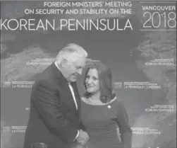  ?? JONATHAN HAYWARD, THE CANADIAN PRESS ?? Foreign Affairs Minister Chrystia Freeland greets U.S. Secretary of State Rex Tillerson during the meeting on Security and Stability on the Korean Peninsula in Vancouver on Tuesday.