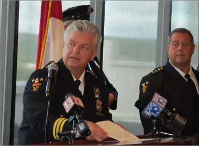  ?? MICHAEL GWIZDALA-MEDIANEWS GROUP ?? Troy Police Chief Daniel DeWolf speaks Friday morning, as the Troy Police Department held a promotion ceremony to elevate Captain Steven M. Barker to the rank of Assistant Chief of Police.