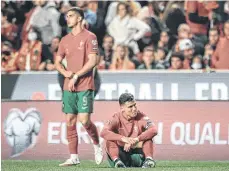  ?? /EFE. ?? Cristiano Ronaldo (der.) se quedó inconsolab­le y abatido tras la derrota en casa frente a los serbios.