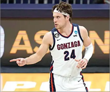  ?? AJ MAST / AP ?? Gonzaga forward Corey Kispert reacts to sinking a 3-pointer against Oklahoma in Monday’s second round NCAA tournament game.