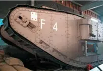  ??  ?? The Daphne tank in the Industrial Gallery. She was hit by a shell at Ypres in 1917, damaging her roof (above).