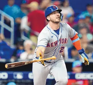  ?? LYNNE SLADKY/ASSOCIATED PRESS ?? The New York Mets’ Pete Alonso watches his solo home run during the second inning of Saturday’s game against the Miami Marlins in Miami.