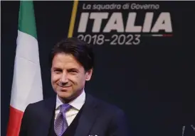 ?? Bild: ALESSANDRA TARANTINO/TT ?? Juridikpro­fessorn Giuseppe Conte, som föreslagit­s som ny italiensk premiärmin­ister, under ett möte i mars.