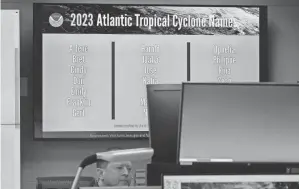  ?? MARTA LAVANDIER/AP ?? The names for the 2023 Atlantic Hurricane season are displayed Wednesday at the National Hurricane Center in Miami. Hurricanes are named primarily to eliminate confusion if there are two or more storm systems occurring at the same time.