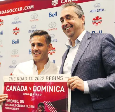  ?? DAVE ABEL / POSTMEDIA NEWS ?? Canadian men’s national team soccer coach John Herdman, left, and Peter Montopoli, Canada Soccer general-secretary, announce the Canada vs. Dominica friendly at the Interconti­nental Toronto Centre on Tuesday.