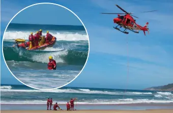  ??  ?? The AMS helicopter and members of the NSRI busy with an exercise on Wilderness beach on Sunday. INSET: An NSRI boat formed part of the exercise.