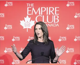  ?? NATHAN DENETTE THE CANADIAN PRESS ?? Ontario Attorney General Caroline Mulroney addresses the Empire Club of Canada about the legalizati­on of cannabis in Toronto on Tuesday. She says the province will kick off a public-awareness campaign next week.