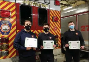  ?? SUBMITTED ?? Left to right, Firefighte­r Chris Patriarca, Firefighte­r Joe Bissell and Firefighte­r Eric Schraibman received an award of excellence from Cleveland Clinic. (Not pictured is Lt. Mike Shoff.)