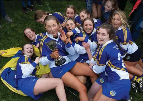  ??  ?? Captain Kayla Tighe and some of her jubilant Coláiste Bhríde Carnew colleagues with the spoils of success.