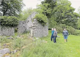  ?? ?? Kevin Lee and Tom Jenkins — co-authors of the book “Shoeboxes” — with Stephen Jenkins, visit the ruins of the farmhouse of Jenkins’ ancestors, the Wall family, on the Coollattin Estate in County Wicklow, Ireland.