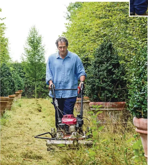  ??  ?? Monty gives long meadow grass a first cut of the year in August, taking it back to nearly bare earth, then removes the clippings so wildflower seeds have a chance to germinate