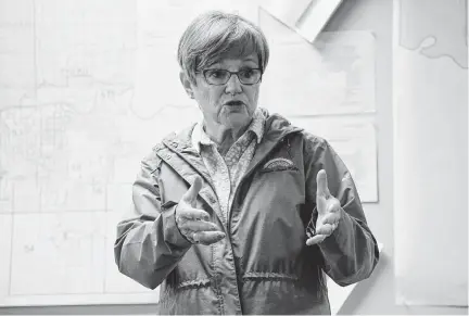  ?? MICHAEL B. THOMAS TNS ?? Incumbent Democratic Kansas Gov. Laura Kelly speaks to volunteers and supporters during a "Get Out The Vote" canvassing event at Shawnee County Democrats office on Nov. 7, 2022, in Topeka, Kansas.