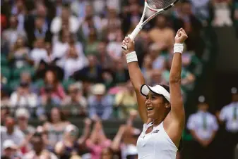  ?? Alastair Grant / Associated Press ?? Britain's Heather Watson celebrates defeating Slovenia's Kaja Juvan in a third-round women's singles match. This year marks Watson's 12th appearance at the All England Club.