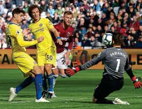  ??  ?? Facing up: Morata’s chip hits keeper Fabianski square in the face