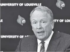  ?? THE ASSOCIATED PRESS ?? University of Louisville interim President Dr. Greg Postel speaks to the media Tuesday during a news conference in Louisville, Ky. Louisville must vacate its 2013 men’s basketball title following an NCAA appeals panel’s decision to uphold sanctions...