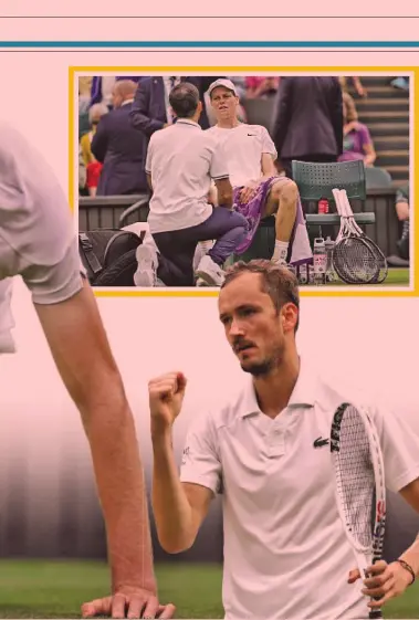  ?? AP GETTY ?? All’inizio del terzo set, Jannik Sinner chiede l’intervento del medico.
Sotto Daniil Medvedev, 28 anni, numero 5 Atp
I prossimi tornei di Sinner
Bastad (Svezia) da confermare 15-21 luglio superficie: terra
Olimpiade Parigi 27 luglio4 agosto terra